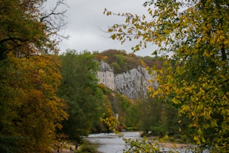 The medieval Spøttrup Castle surrounded by its moat, framed by vibrant autumn foliage.