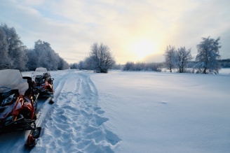 A snowy landscape with tire tracks leading off into the distance. Two snowmobiles are parked on the left side of the image. The scene is bathed in soft light from a low sun on the horizon, creating long shadows and illuminating the snow-covered trees along the path.
