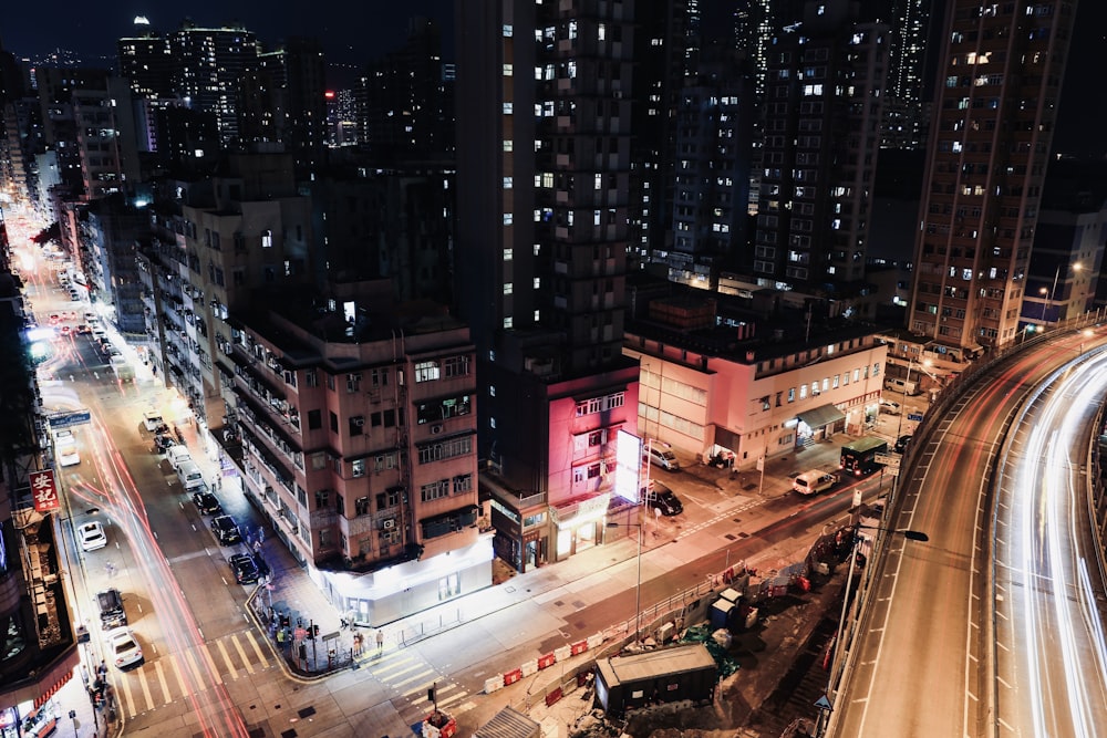 high rise buildings during night time