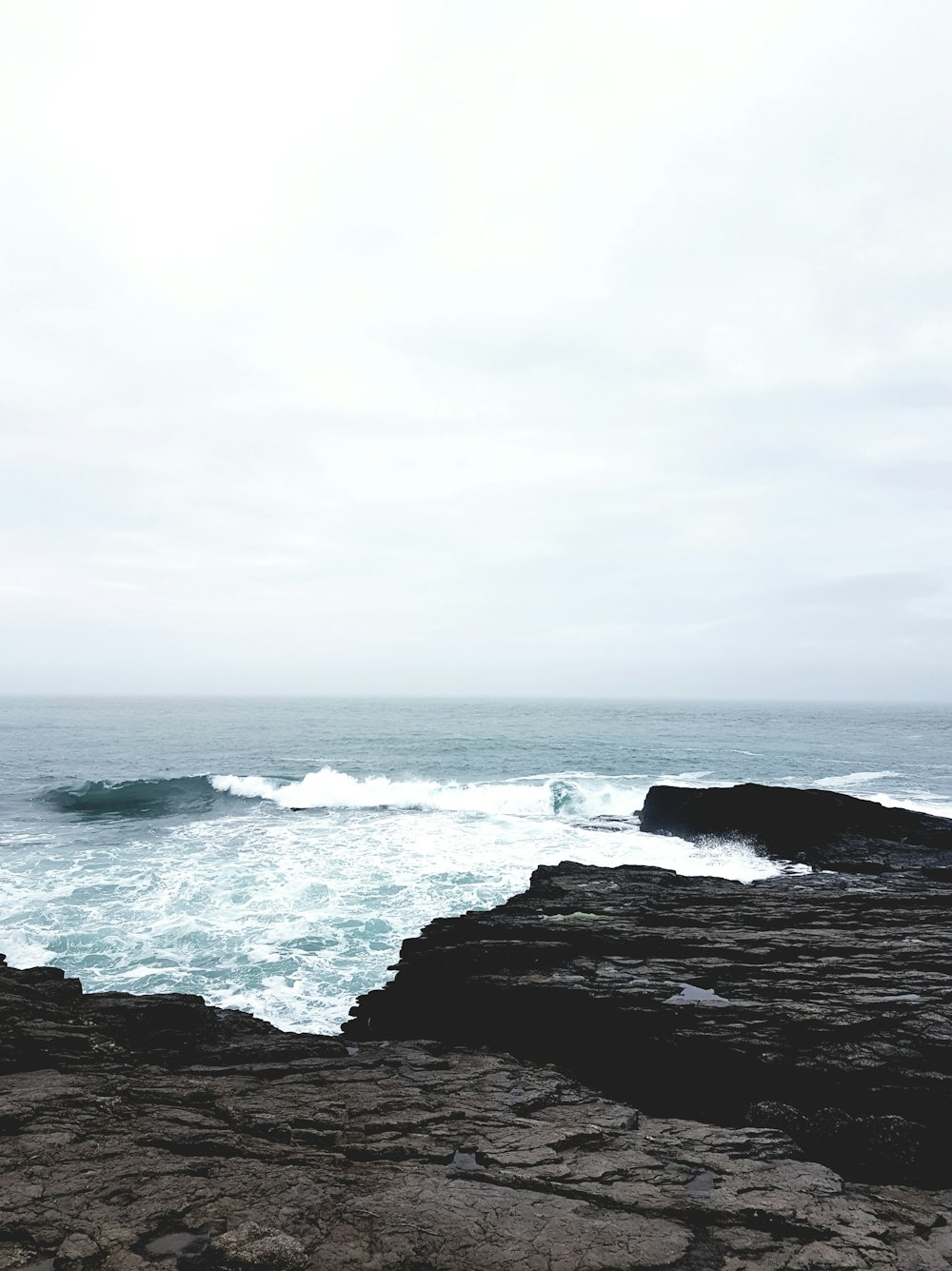 ondas do oceano batendo em rochas sob o céu nublado durante o dia