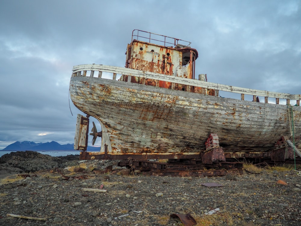 white and brown boat on brown sand during daytime