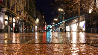 A dynamic shot of city lights reflecting on wet pavement at night.