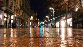 A wet city street at night, reflecting the bright lights from shops and street lamps. The perspective is low to the ground, capturing the texture of the pavement. Light trails from moving vehicles or people can be seen in the background, adding a dynamic element to the scene.