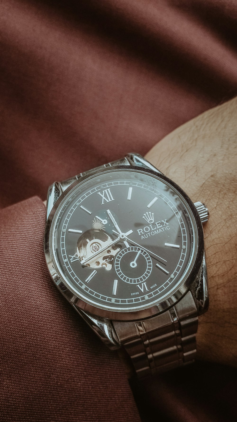 silver link bracelet round chronograph watch