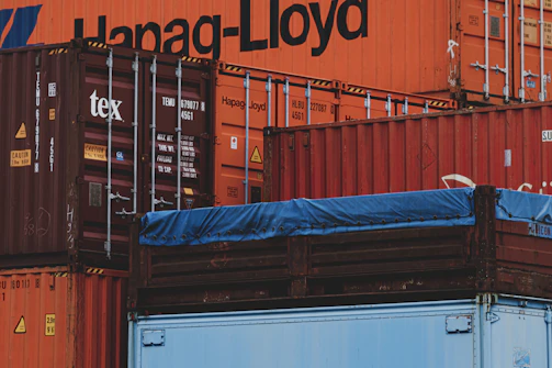 blue and orange metal container