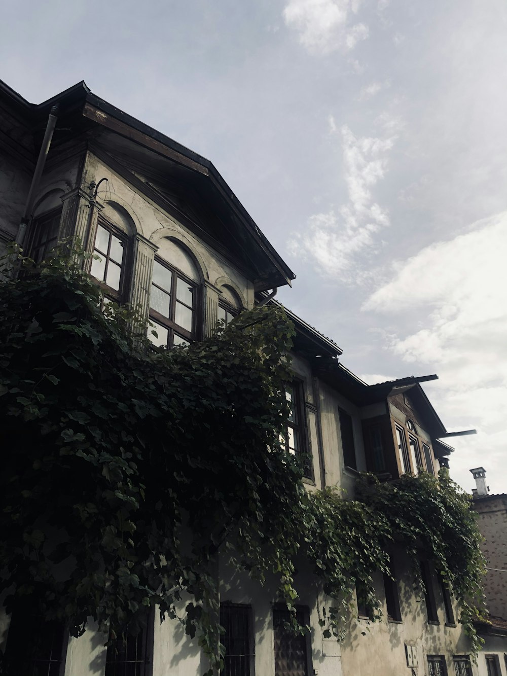 white and brown wooden house surrounded by green plants under white clouds during daytime