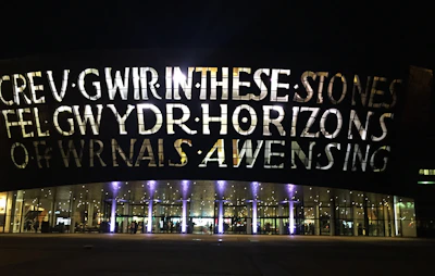 Illuminated channel letters glowing brightly on a business facade at dusk.