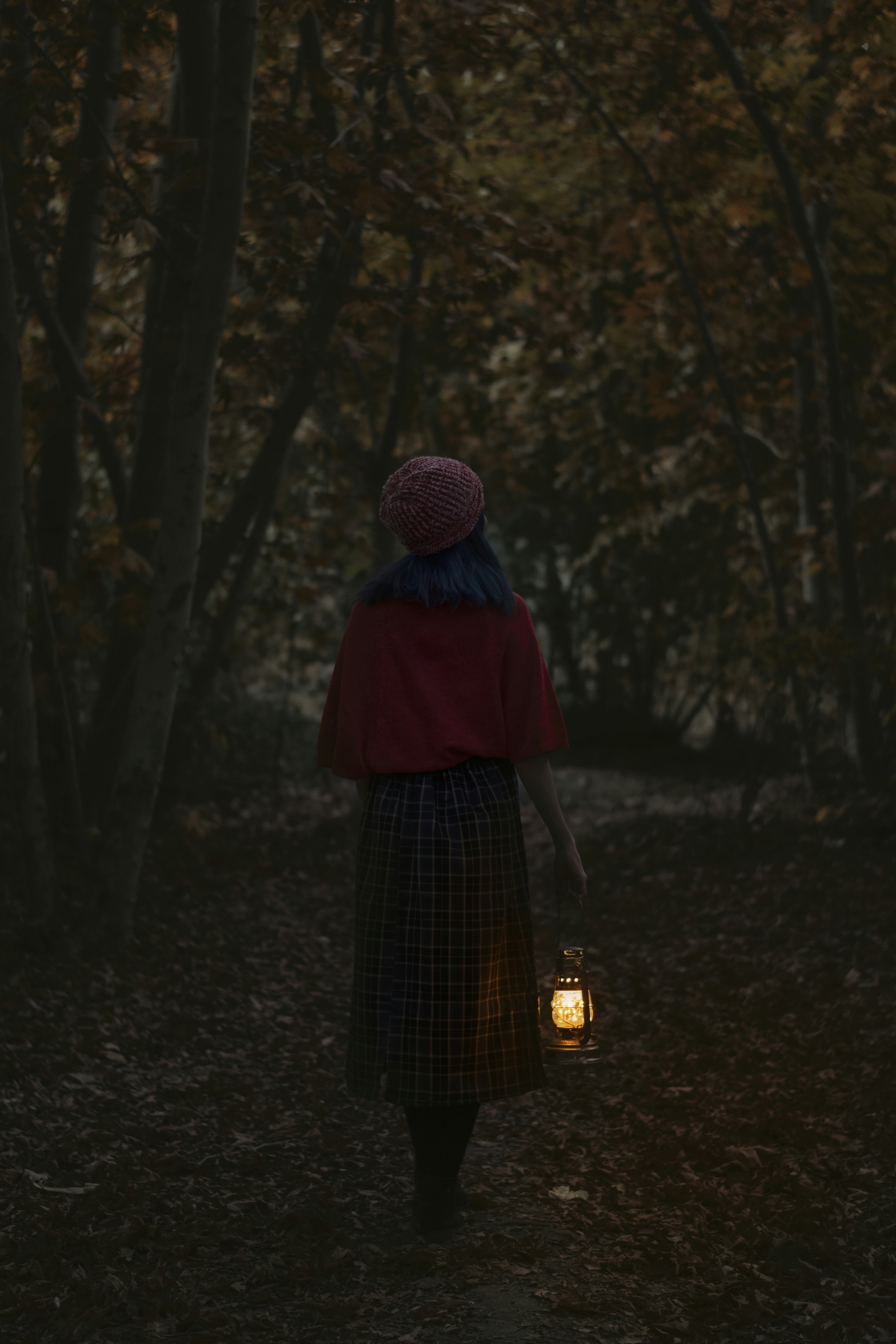 woman-in-purple-knit-cap-and-black-dress-standing-in-forest