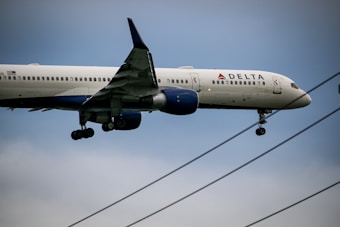 A Delta Airlines airplane is flying at a low altitude, with its landing gear deployed. The sky is overcast, and electrical wires are visible in the foreground.