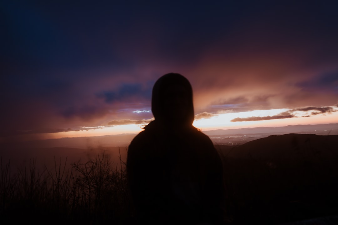 silhouette of man standing on grass field during sunset