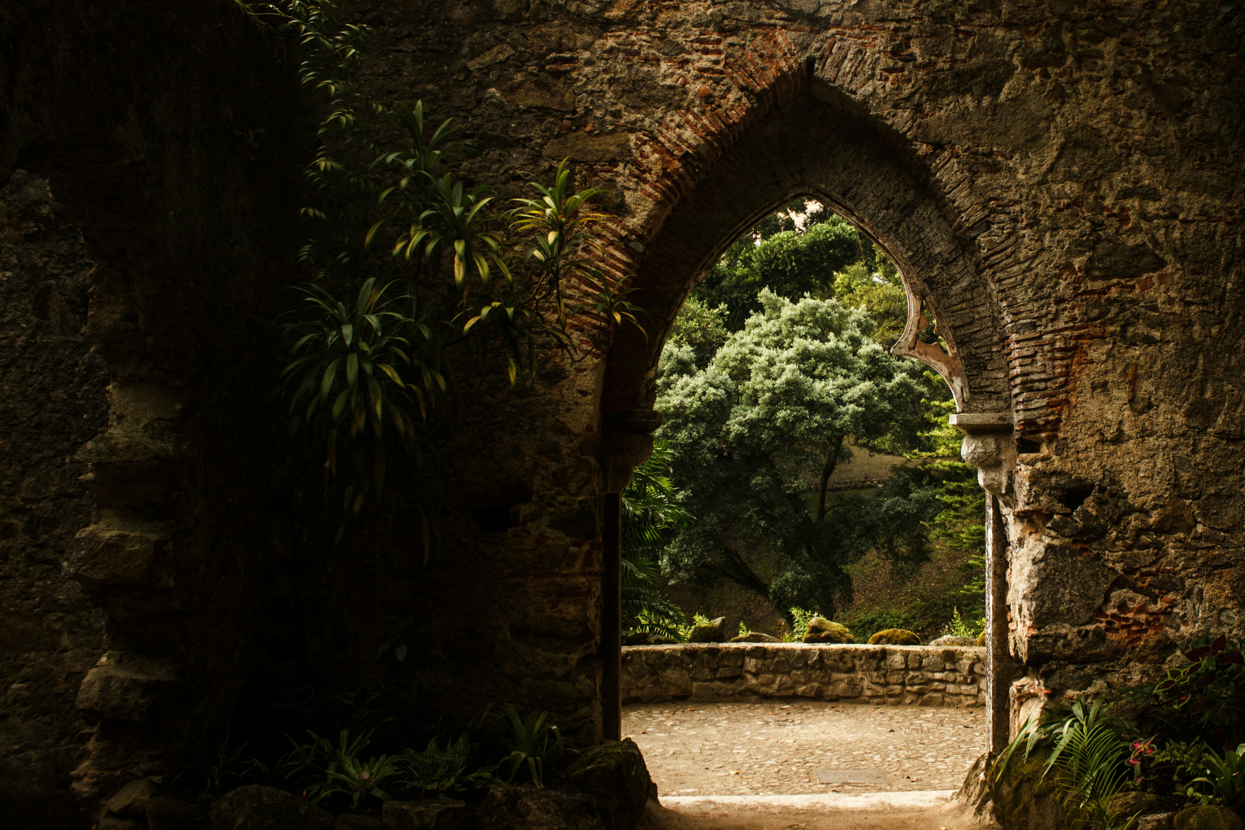 brown concrete arch near green trees during daytime, In the gardens of Monserrate near the beautiful town of Sintra in Portugal. Sintra, 2019