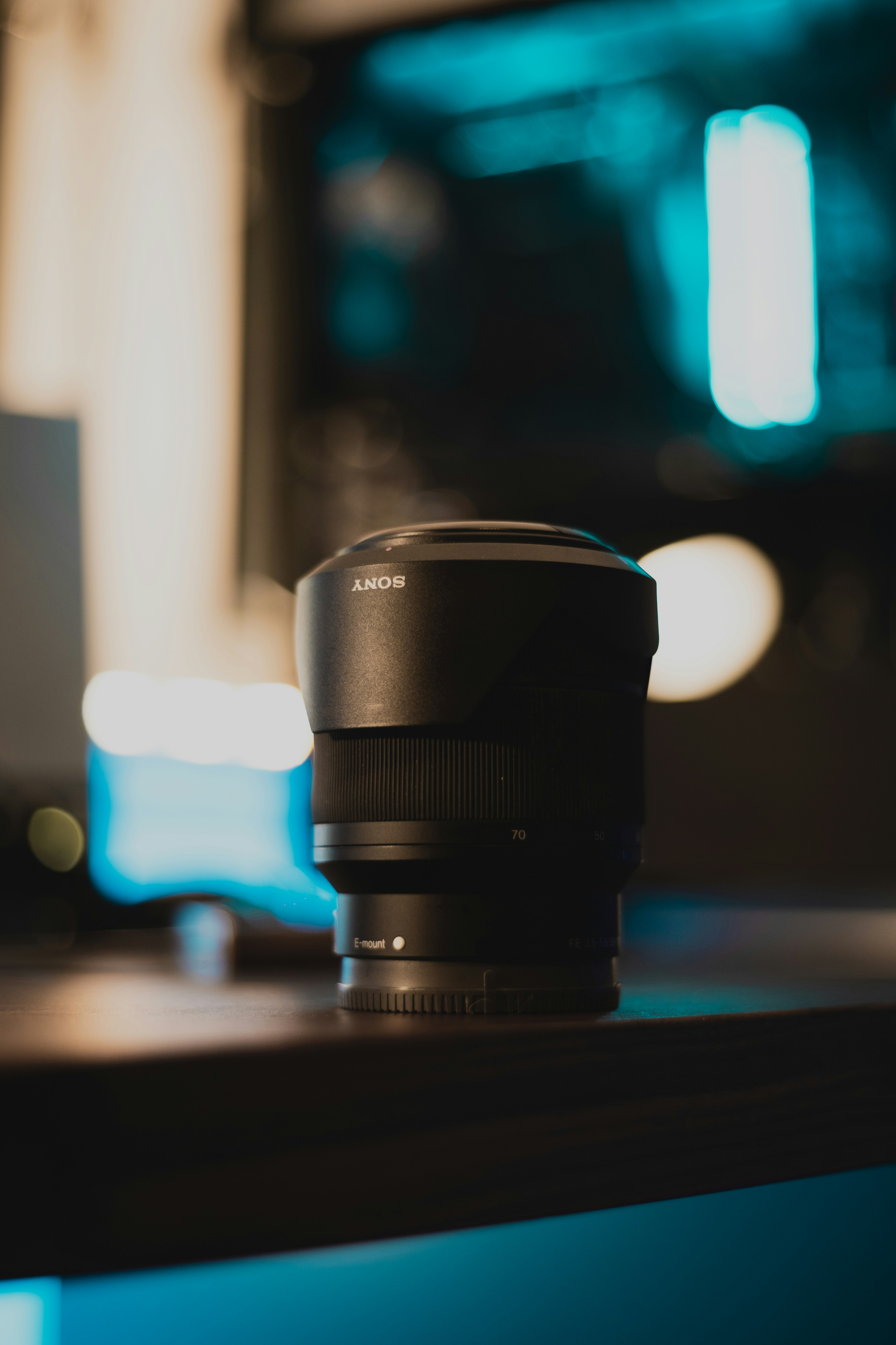 black camera lens on table