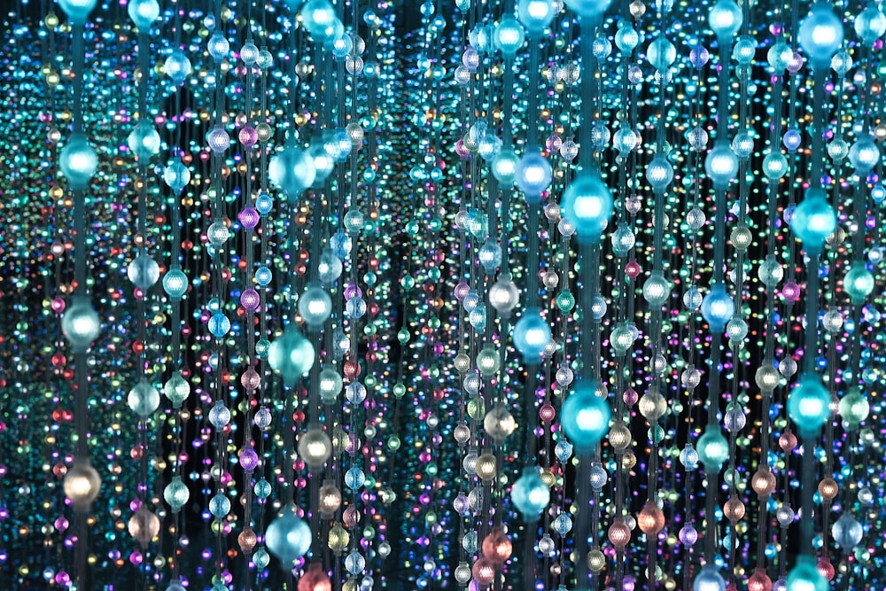 blue and pink string lights