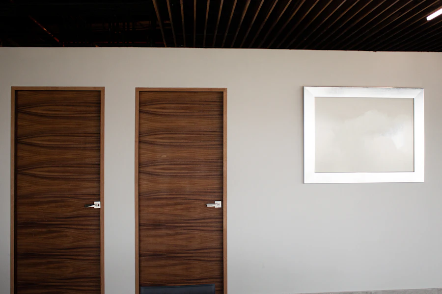 Wooden interior door beside a painted wall