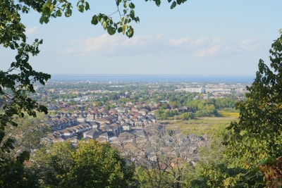 A residential neighborhood with numerous houses can be seen from a higher vantage point, surrounded by lush greenery and trees. The horizon features the distant view of a cityscape with a body of water visible under a mostly clear blue sky.