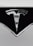A close-up of a shiny metallic logo shaped like a stylized letter 'T' on a glossy black surface, bordered by light gray metal.