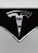 A close-up of a shiny metallic logo shaped like a stylized letter 'T' on a glossy black surface, bordered by light gray metal.