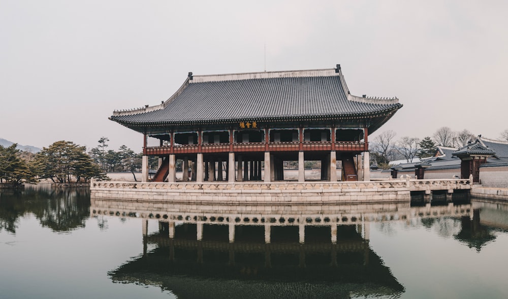 brown and white temple near body of water during daytime