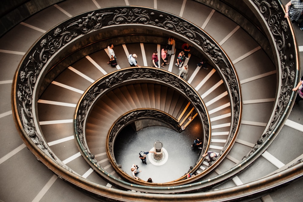 people walking on spiral staircase