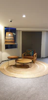 A textured woven rug anchoring a seating area with earthy tones and natural fibers.
