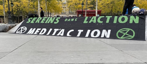 A large black banner is spread out on a public square with bright green and white letters that read 'SEREINS DANS L'ACTION' and 'MEDIT'ACTION'. The banner features extinction symbol logos on either side of the second line of text. People are standing in the background, and trees with yellow leaves line the background.
