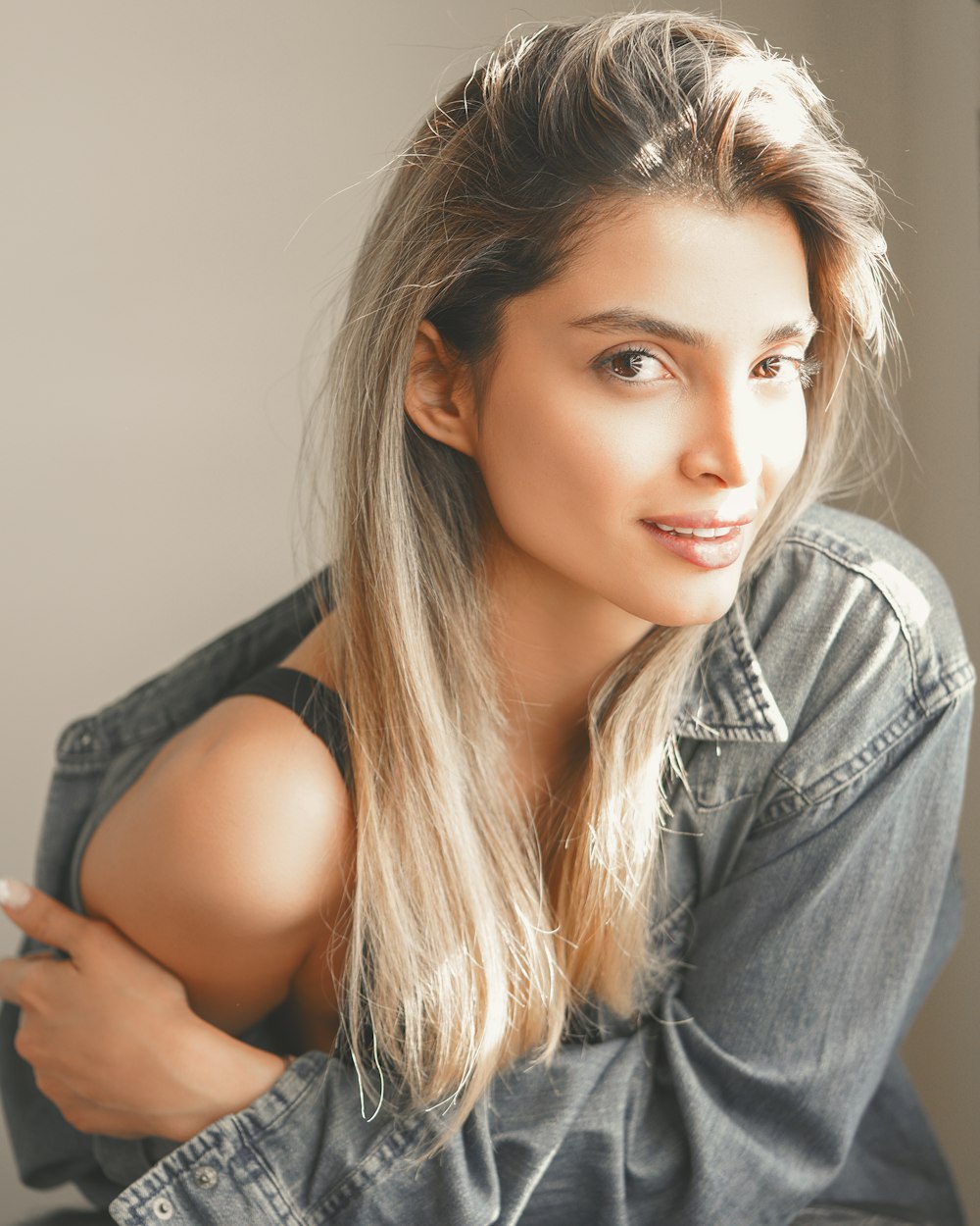 woman in blue denim jacket