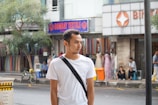 A streetwear style t-shirt showcased on a city street background.