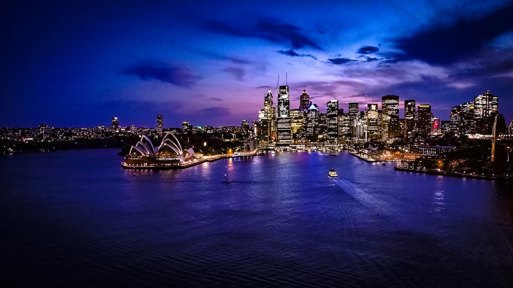 city skyline with lights turned on during night time