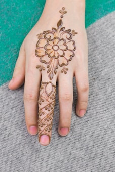 A hand with intricate henna designs featuring a large floral pattern on the back, extending down one finger with detailed geometric shapes.