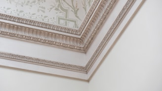 A corner of a room featuring intricate decorative molding on the ceiling and walls. The molding includes ornate patterns and floral designs, with soft, neutral colors enhancing the elegance. The ceiling has a light-colored wallpaper with a subtle floral motif.