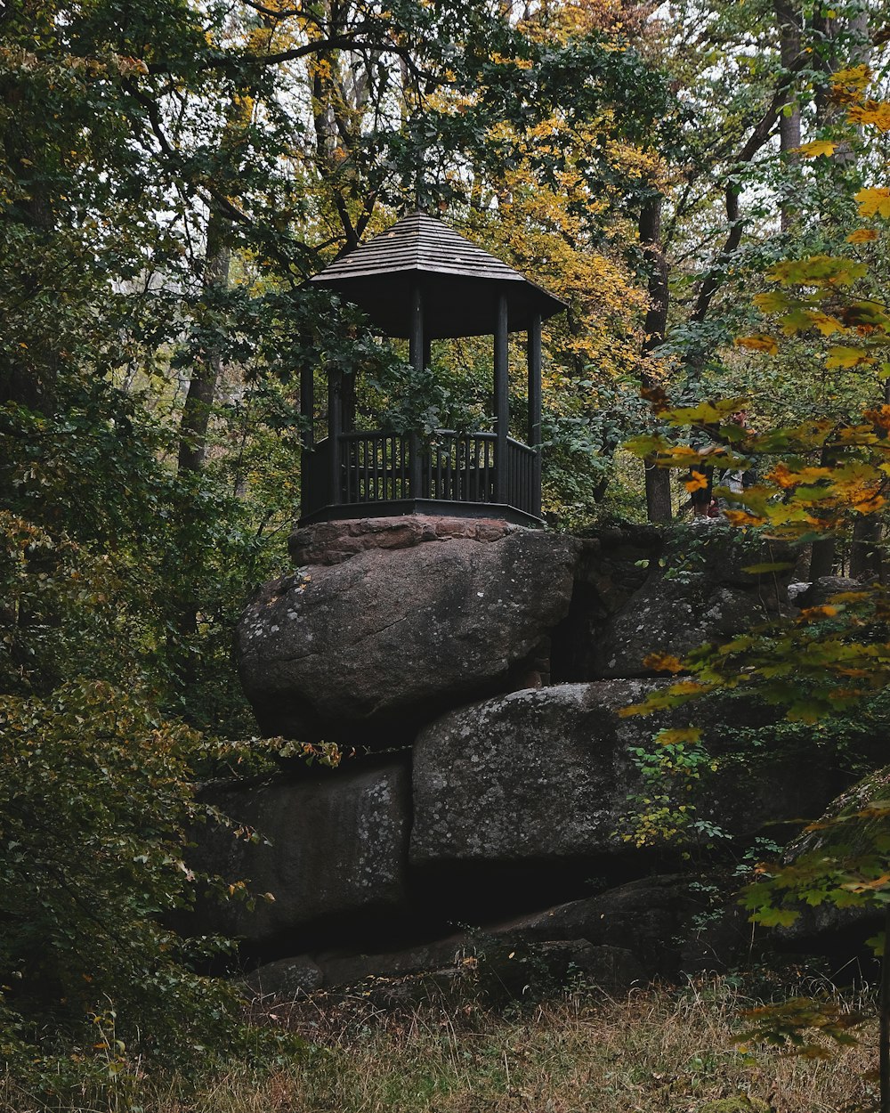 brown wooden gazebo on gray rock formation surrounded by green trees during daytime