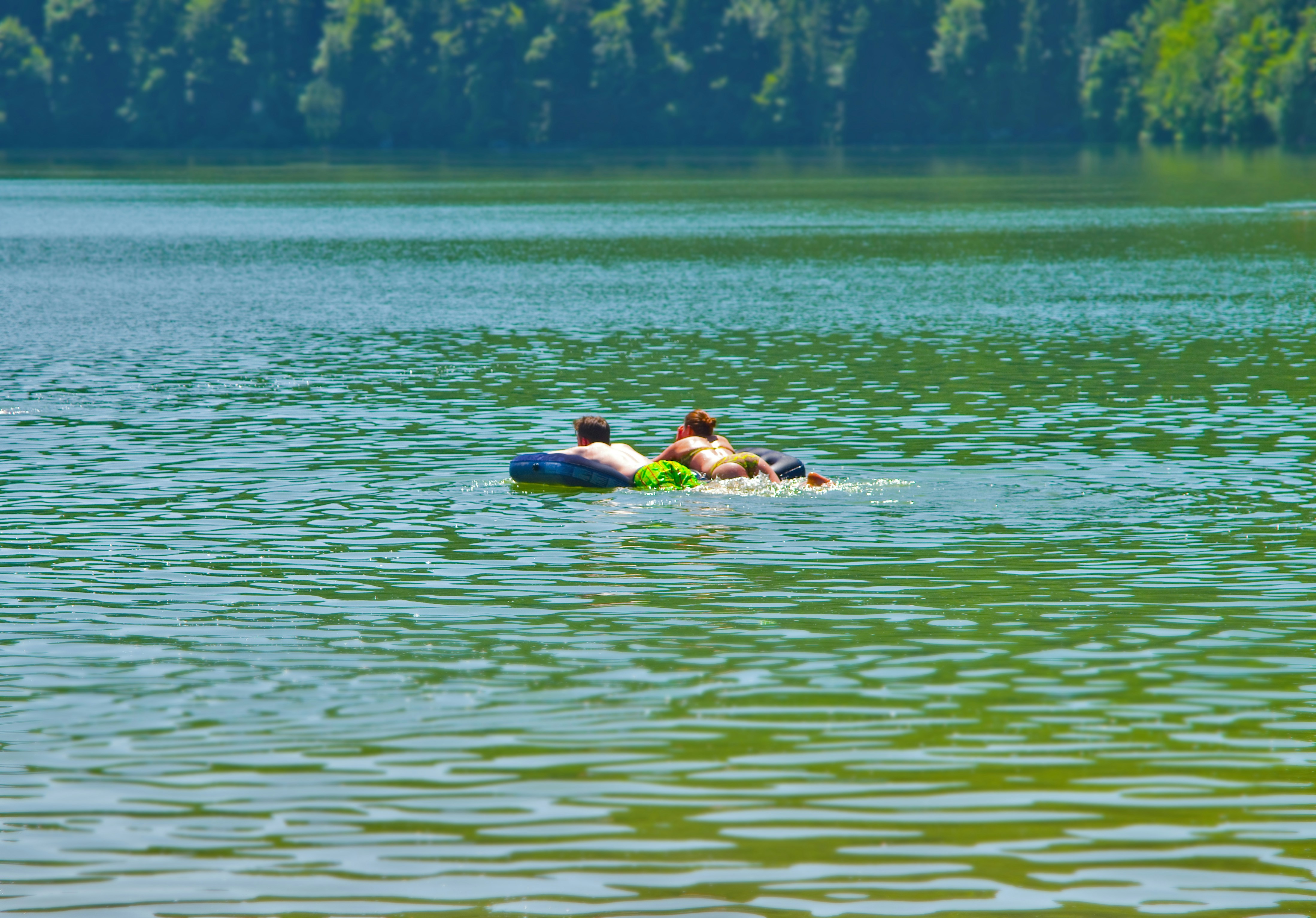 2 people swimming on green water during daytime