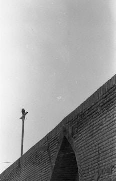 A black and white photograph of a brick bridge with archways, featuring a pole with a bird perched at the top. The sky appears clear with minimal distractions, drawing attention to the architecture and the solitary bird.