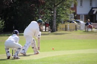 Two cricket players wearing protective gear are on a field. One is batting and is focused on hitting a red ball. The other, possibly a wicketkeeper, is crouched behind the stumps, ready to catch. The background includes a tree, fencing, and spectators relaxing on benches.