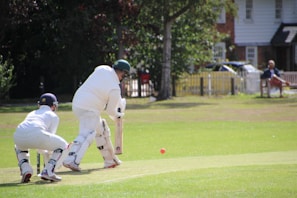 Two cricket players wearing protective gear are on a field. One is batting and is focused on hitting a red ball. The other, possibly a wicketkeeper, is crouched behind the stumps, ready to catch. The background includes a tree, fencing, and spectators relaxing on benches.