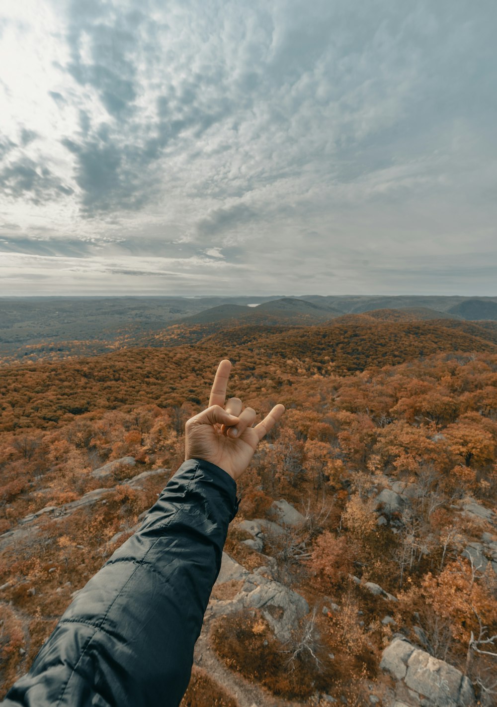 person in gray jacket raising right hand