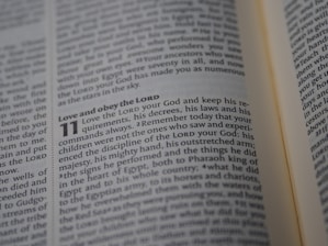 A close-up view of an open book showing a passage of text that discusses religious themes. The focus is on a specific section that begins with the phrase 'Love and obey the LORD'.