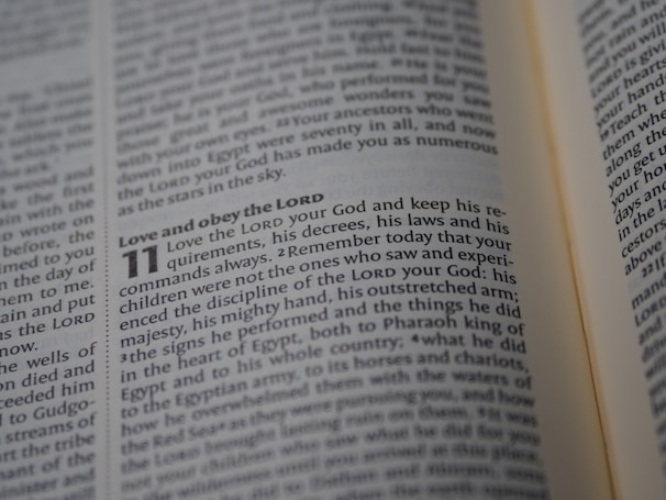 A close-up view of an open book showing a passage of text that discusses religious themes. The focus is on a specific section that begins with the phrase 'Love and obey the LORD'.