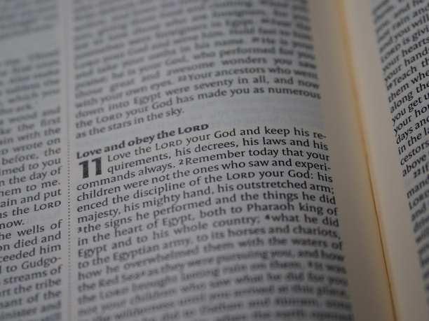 A close-up view of an open book showing a passage of text that discusses religious themes. The focus is on a specific section that begins with the phrase 'Love and obey the LORD'.