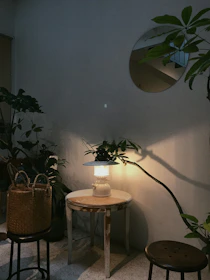 A cozy corner featuring the birch console table with the solid color waist cushion and a softly glowing lamp.