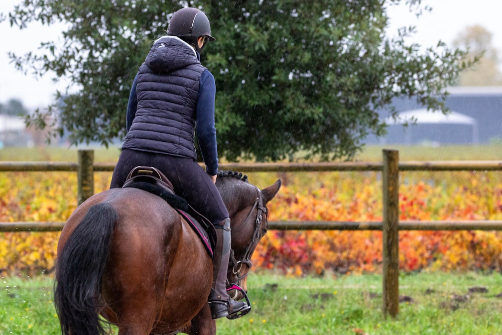 homem na jaqueta de couro preta que monta o cavalo marrom durante o dia