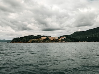 A small island features several buildings surrounded by dense greenery. The island is set against a backdrop of rolling hills under an overcast sky. The scene includes a large body of water in the foreground, with gentle ripples indicating calm conditions.
