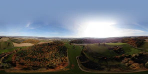 A panoramic view from the helicopter window revealing golden autumn foliage spread across rolling hills.