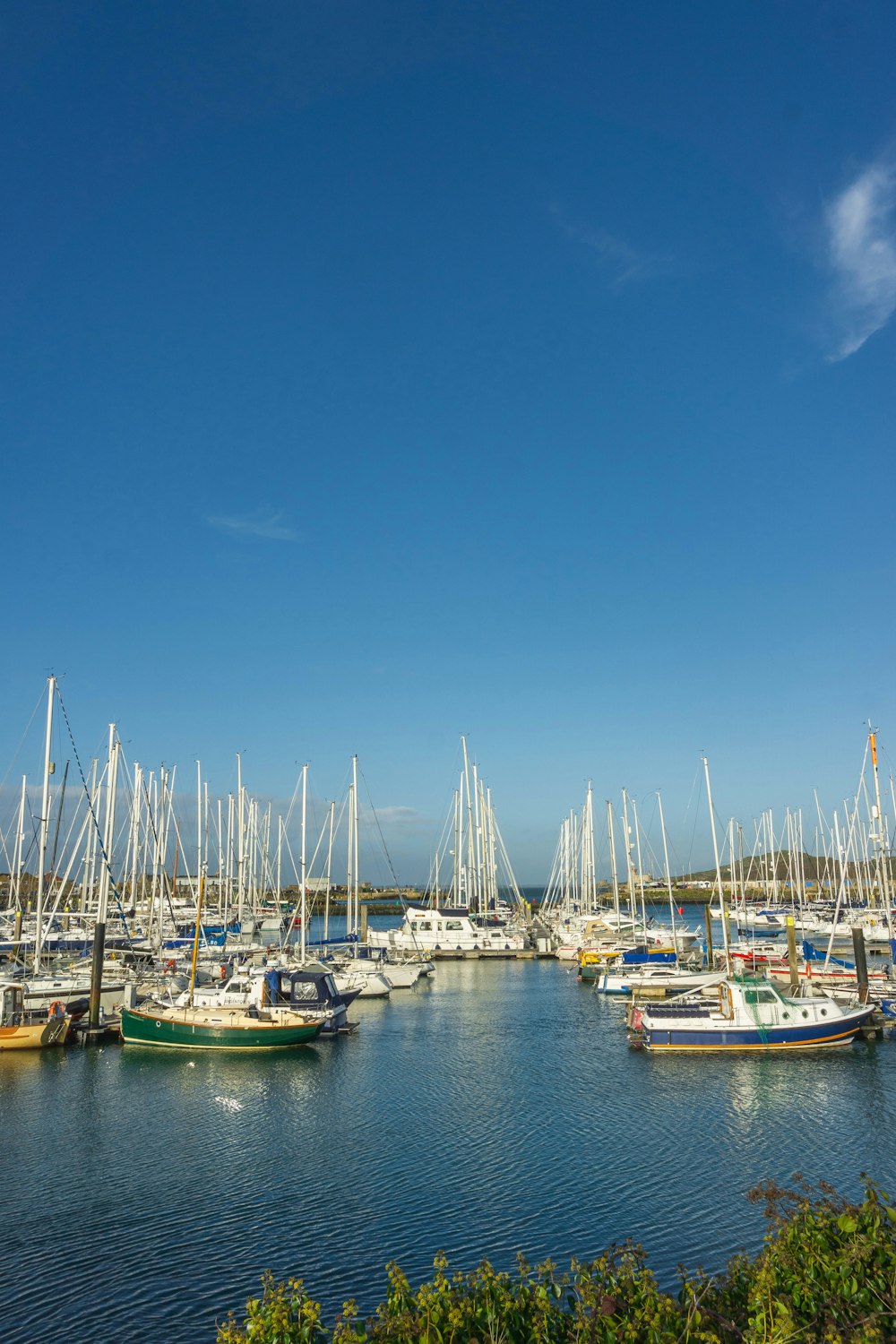 Barcos blancos y azules en el muelle marítimo bajo el cielo azul durante el día