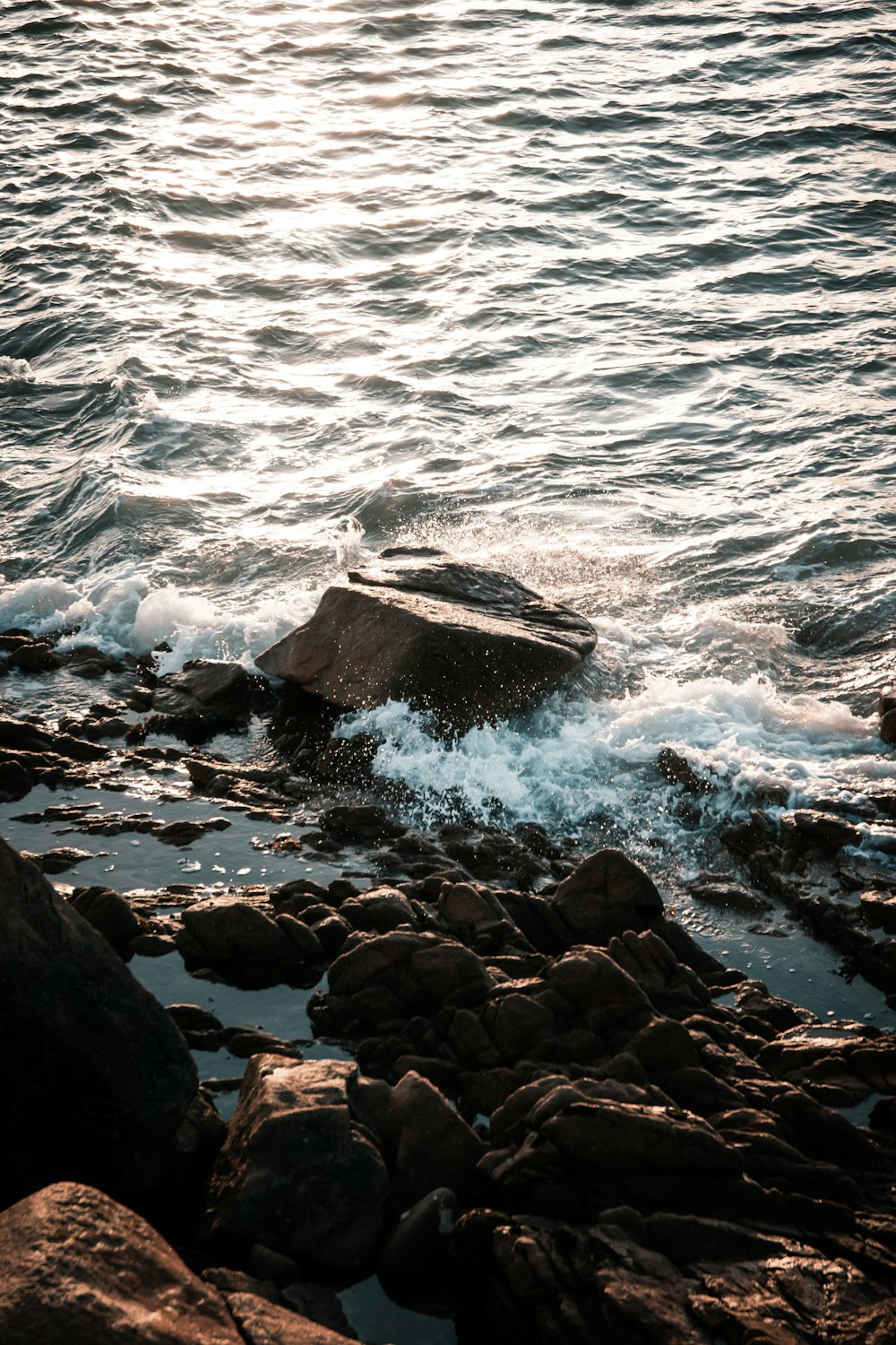 Rivage rocheux brun avec des vagues de mer s’écrasant sur les rochers pendant la journée