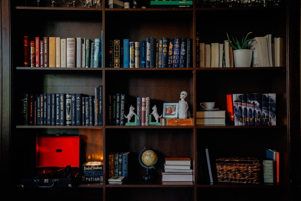 books on brown wooden shelf