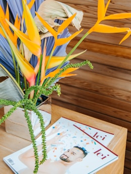 yellow and green plant on brown wooden table