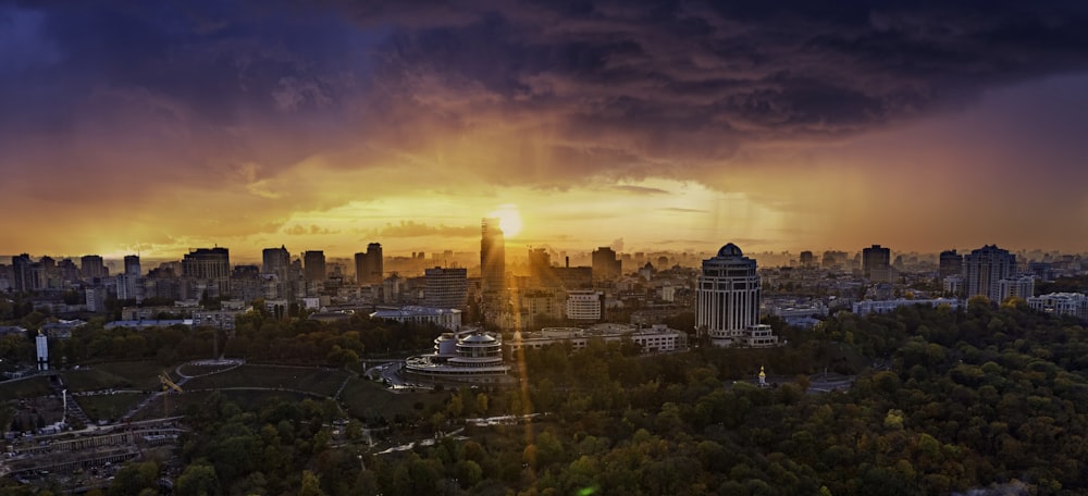 city skyline during orange sunset