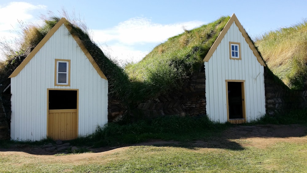 casa di legno bianca vicino al campo di erba verde e alla montagna durante il giorno