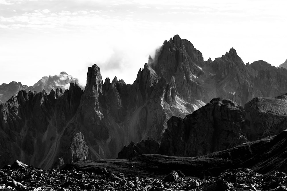 grayscale photo of rocky mountain